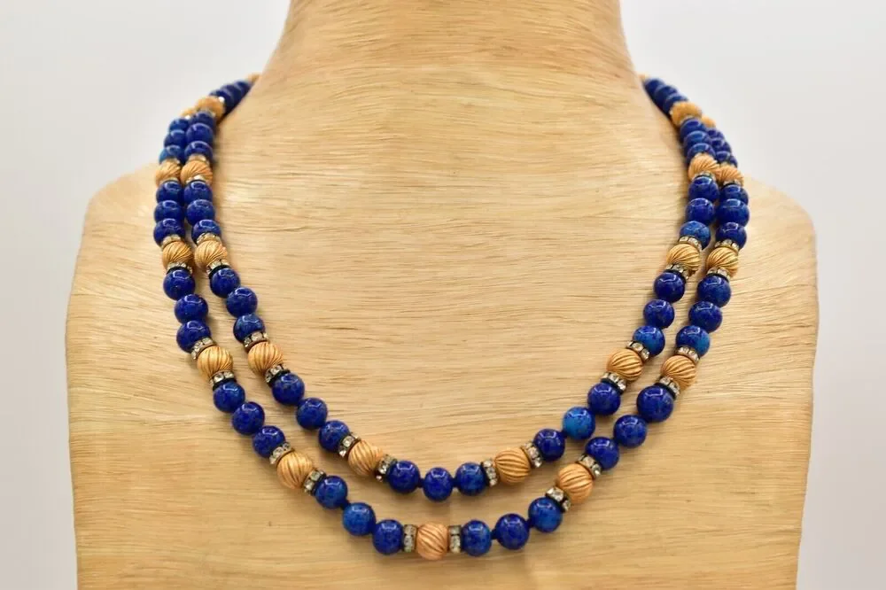 Vintage Lapis Lazuli Collar Beaded Necklace Layered Gold Tone Crystal 70s BinBD